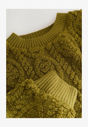 Pull olive vert avec des motifs texturés en relief, col et poignets côtelés, tissu doux et aspect duveteux.