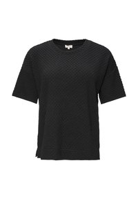 Juodas trumpas rankovėmis T-shirts, pagamintas iš tekstūruotos medžiagos su šešiakampiu raštu ir apvaliu iškirpimu. Laisva tinkama, šonuose plyšiai hem'e.