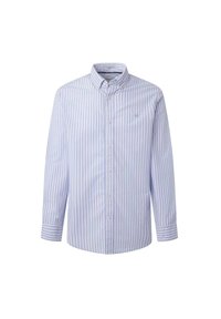 Camicia a maniche lunghe button-up a righe verticali blu chiaro e bianche, con colletto bottonato e logo discreto sul petto.