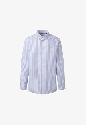 Chemise à manches longues bleu clair et blanche à rayures verticales avec col à boutons et logo discret sur la poitrine.