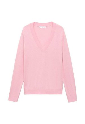 Light pink, long-sleeve sweater with a V-neck. Soft texture, slim fit, and ribbed cuffs and hem. Simple design without embellishments.