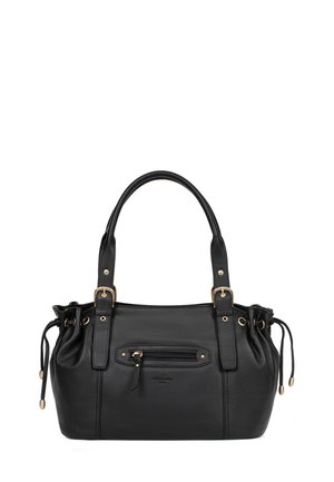 Sac à main en cuir noir avec deux anses, poche avant zippée, cordons latéraux et détails en métal doré.