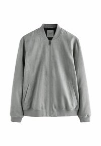 Veste bomber en daim gris clair avec fermeture éclair à l'avant, col, poignets, ourlet côtelés et deux poches latérales, présentée sur fond blanc.