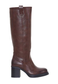 Bottes marron montantes jusqu'au genou en cuir synthétique, avec un talon bloc, une texture lisse et une languette en haut pour un enfilage facile.
