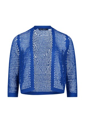 Cardigan tricoté bleu à ouverture frontale, avec un large motif en maille et des manches trois-quarts, marqué Betty Barclay.