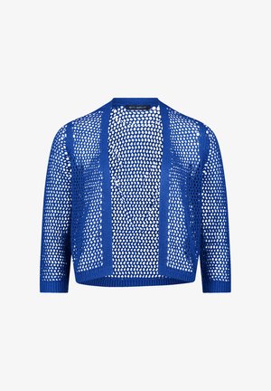 Blå åben-front strikcardigan med bredt netmønster og trekvartlange ærmer, mærket Betty Barclay.