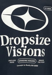 Logo ovale blanc avec une étoile à quatre branches au-dessus du texte « Dropsize Visions » et les phrases « Limitless Ideas », « Expanding Horizons », « Imagine the Future » sur fond noir.