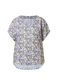 Blusa con stampa floreale in blu, giallo e rosa, con scollatura a V e maniche corte, caratterizzata da una vestibilità rilassata e un design a emiro alta-bassa.