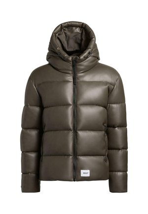 Pufjakke i mørkegrå faux læder, med hætte, lynlåslukning og quiltet design med store polstrede sektioner.