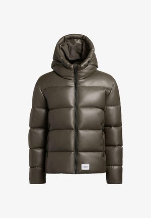 Giacca a vento imbottita in finta pelle grigia scura, con cappuccio, chiusura con zip e design trapuntato con grandi sezioni imbottite.