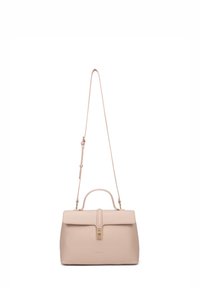 Leren handtas in zachtroze, gestructureerd ontwerp, met een bovenhandvat en een verstelbare schouderband. Voorzien van een elegante klep en goudkleurige hardware.