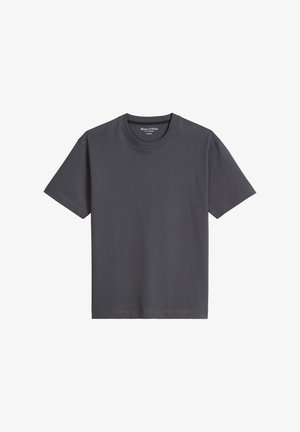 Donkergrijs T-shirt met korte mouwen en een ronde hals met geribbelde kraag, aan de binnenkant van de hals gelabeld met Marc O'Polo.