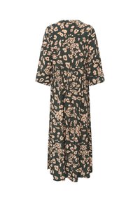 Dunkelgrünes Midi-Kleid mit einem floralem Muster in zartem Rosa, dreiviertellangen Ärmeln und einer gerafften Taille für eine lockere Passform.