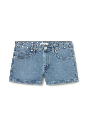 Light blue denim shorts with front pockets and a studded waistband, button closure, and belt loops on a white background.