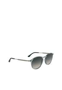 Round sunglasses with a transparent gray frame and gradient gray lenses. Lightweight metal arms feature a textured detail and green tips.