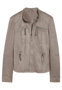 Giacca in camoscio taupe con zip frontale, due tasche con zip sul petto, due tasche inferiori con zip e colletto corto.