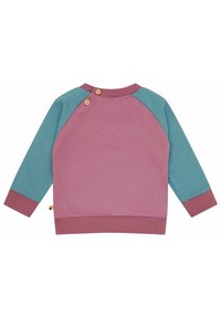 Kleurblok sweatshirt met een roze lichaam, teal mouwen en bordeauxrode accenten. Inclusief houten knopen aan de achterkant van de halslijn. Zachte textuur.