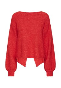 Maglione rosso lavorato a maglia con scollo ampio, maniche lunghe a sbuffo e orlo spaccato. Tessuto strutturato con vestibilità leggermente ampia.