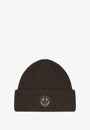 Brown ribbed knit beanie with a folded cuff and embroidered smiley face patch on the front. Soft texture, snug fit.