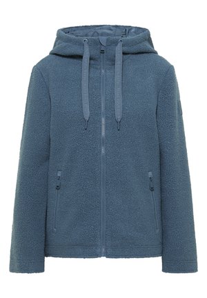 Veste en polaire bleue avec capuche, fermeture éclair et deux poches latérales zippées. Elle présente un tissu texturé et des cordons ajustables.