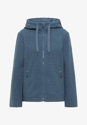 Veste en polaire bleue avec capuche, fermeture éclair et deux poches latérales zippées. Elle présente un tissu texturé et des cordons ajustables.
