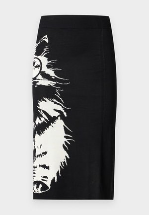 Sort knælængde nederdel med en stor hvid grafik af en ulves ansigt, der dækker den ene side fra taljen til kanten.