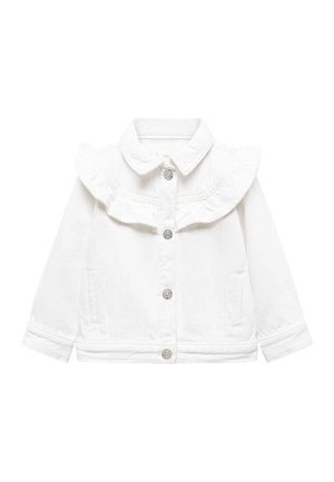 Hvid jakke til småbørn med flæset bærestykke, knaplukning foran, krave og to sidelommer.