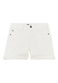 Pantalones cortos de mezclilla blanca con dobladillo doblado, que cuentan con cinco bolsillos, cierre de botón y acentos de costura negra en contraste.