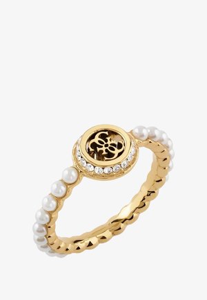 Goldring mit einem perlenbesetzten Band, verziert mit Perlen und klaren Steinen, mit einem kreisförmigen Zentermuster und Aussparungen.