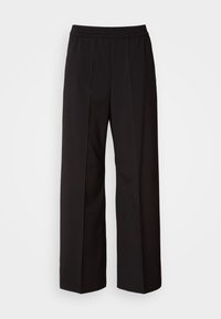 Black wide-leg pants with a pleated design, elastic waistband, and smooth fabric texture. Suitable for various occasions.