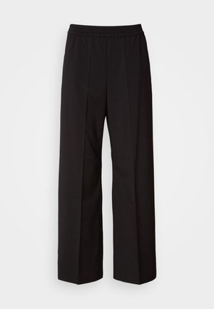 Black wide-leg pants with a pleated design, elastic waistband, and smooth fabric texture. Suitable for various occasions.