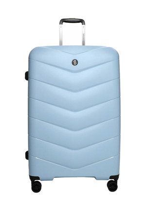 Hard-shell suitcase in light blue with a chevron pattern, black wheels, and a retractable silver handle. Features a logo on the front.
