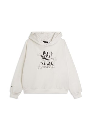 Sudadera con capucha blanca con un diseño gráfico negro de Mickey y Minnie Mouse. Tejido suave, mangas largas y capucha con cordón ajustable. Puños y dobladillo acanalados.