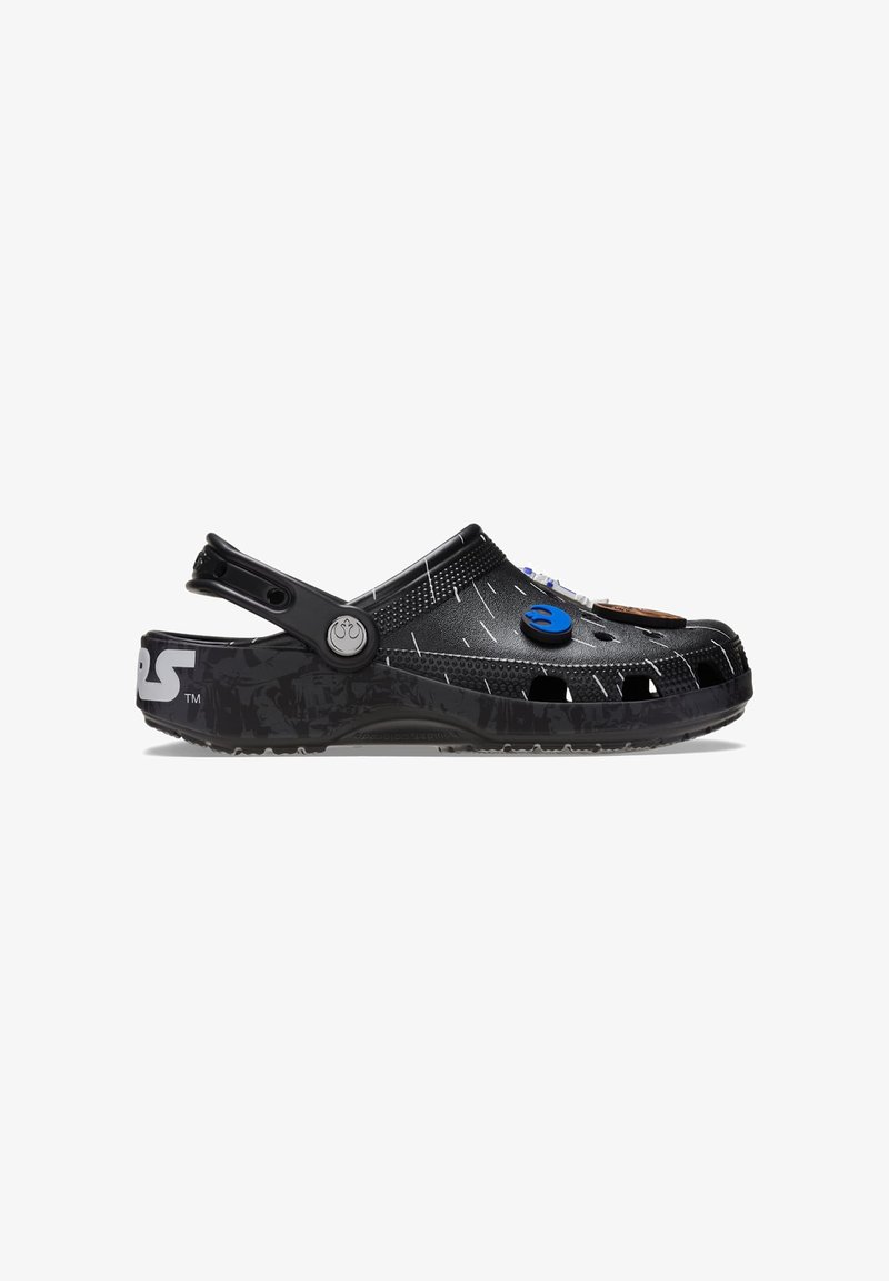 Black clog with adjustable heel strap, decorated with Star Wars symbols and textured pattern on sole and upper ventilation holes.