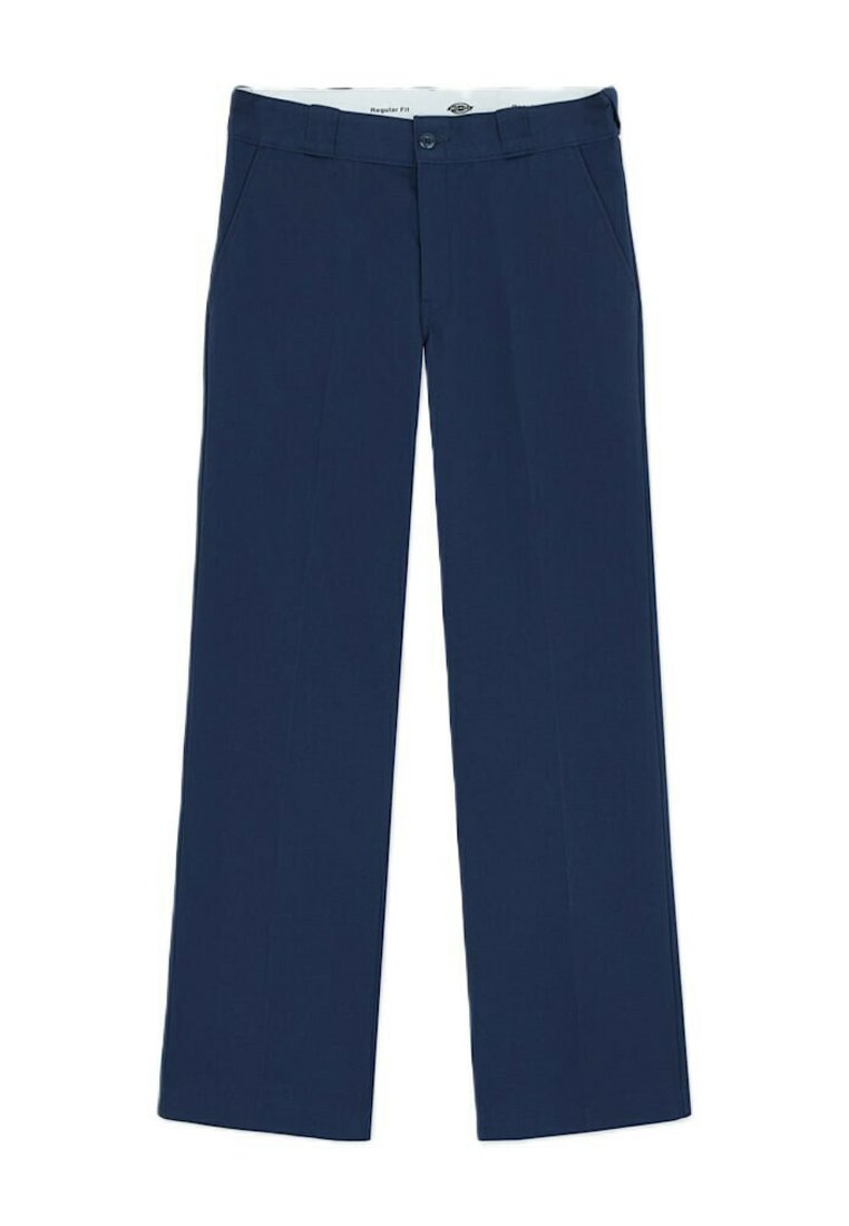 Navy blue straight-leg trousers with button and zipper closure, side pockets, and regular fit waistband.