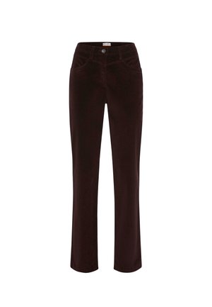 Bordeaux corduroy broek met een rechte pijp, voorzakken en een knoopsluiting. Zachte textuur met een fijne ribbelpatroon.