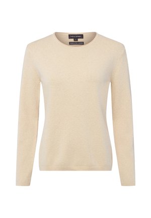 Beiger Langarm-Pullover aus einem Bio-Baumwoll- und Kaschmirmix, mit Rundhalsausschnitt und glatter, weicher Textur.