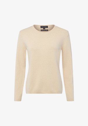 Beiger Langarm-Pullover aus einem Bio-Baumwoll- und Kaschmirmix, mit Rundhalsausschnitt und glatter, weicher Textur.