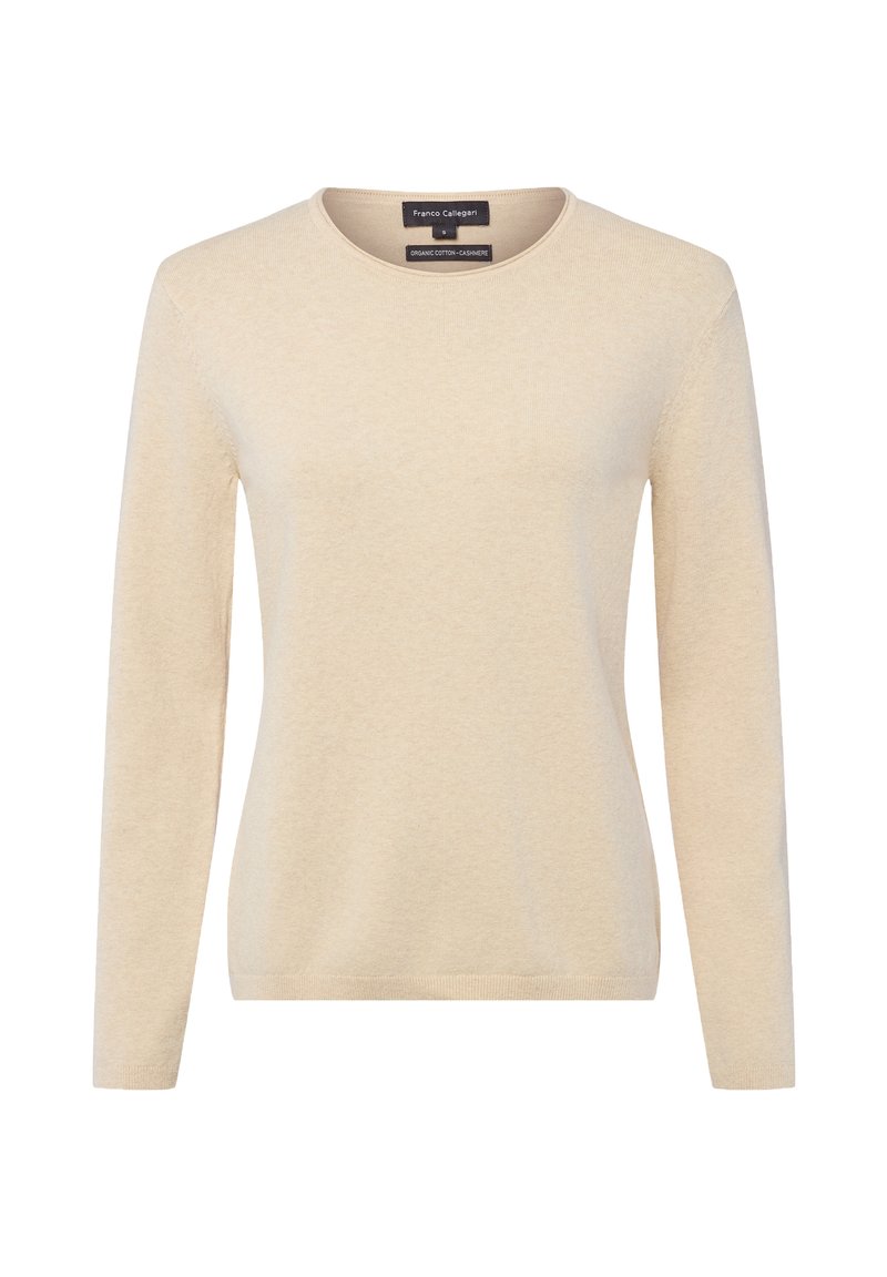 Beiger Langarm-Pullover aus einem Bio-Baumwoll- und Kaschmirmix, mit Rundhalsausschnitt und glatter, weicher Textur.