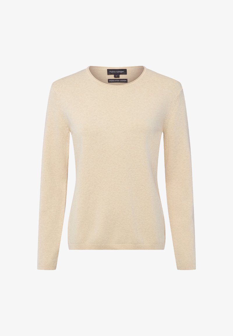 Beiger Langarm-Pullover aus einem Bio-Baumwoll- und Kaschmirmix, mit Rundhalsausschnitt und glatter, weicher Textur.