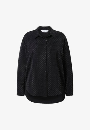 Černá košile na knoflíky s dlouhými rukávy, s bílým puntíkovaným vzorem. Hladká látka s kulatým lemem a klasickým designem límce.