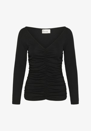 Schwarzes Langarmoberteil mit tiefem V-Ausschnitt, ausgestattet mit gerafften Details an der Vorderseite und glattem Stoff. Schlichtes Design, ohne Muster.