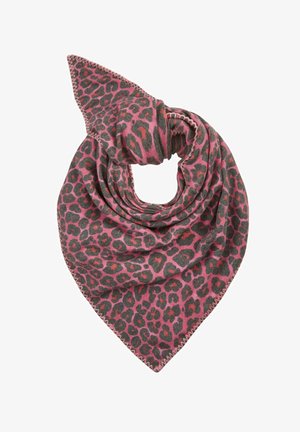 Foulard en imprimé léopard rose et gris, de forme triangulaire avec des bords effilochés. Tissu doux avec un motif animal distinctif.