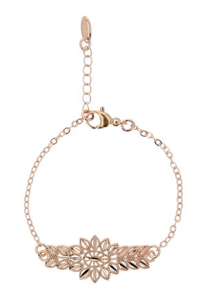 Brățară delicată din lanț de aur roz, cu o piesă centrală filigran floral și frunze intricate și închidere cu carabină și lanț extensibil.