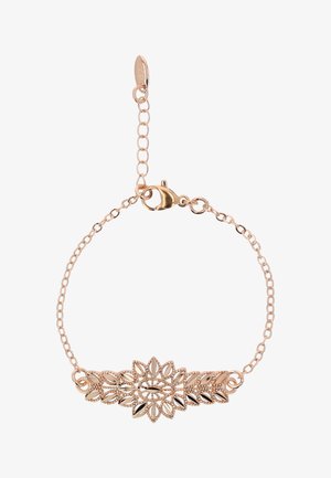 Feines Armband aus roségoldener Kette mit einem kunstvoll gearbeiteten Mittelstück aus filigranen Blumen- und Blättermotiven sowie einem Karabinerverschluss mit Verlängerungskette.