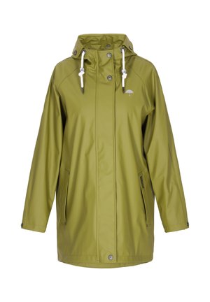 Roheline veekindel parka jakk, millel on kapuuts. Jakk on varustatud esiknöpidega, reguleeritavate tõmblukupäistega, küljetaskutega ja väikese logoga rinnaosas.