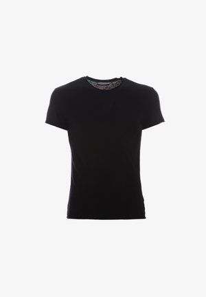 T-shirt nera a maniche corte con scollo girocollo e interno del collo con motivo colorato, mostrata su uno sfondo bianco semplice.