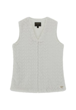Weißes, ärmelloses Vest aus weichem Kunstpelz, mit einem V-Ausschnitt und einem strukturierten Zickzackmuster, versehen mit einem kleinen, goldenen Logo-Akzent.