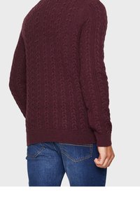 Burgunderfarbener Strickpullover mit einem strukturierten Zopfmuster, gerippten Bündchen und Saum, getragen zu blauen Jeans. Die Rückansicht zeigt die Nahtdetails.