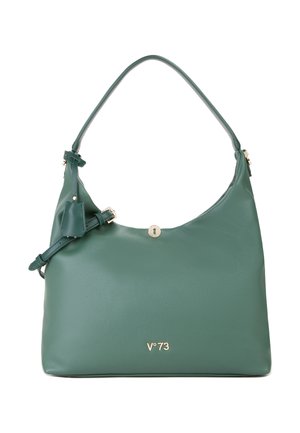 Bolso de hombro de piel verde con correa ajustable, herrajes en tono dorado y logo "V°73" en el centro delantero.